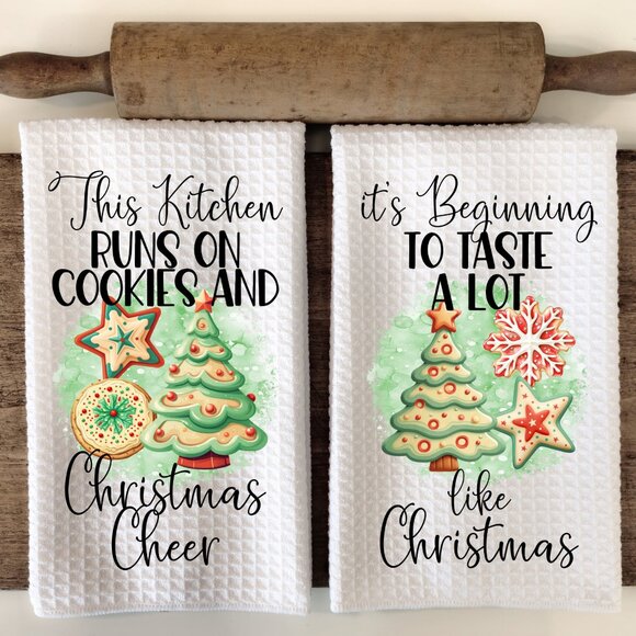 Christmas Cookies Kitchen Towel Set, Holiday Sugar Cookies Dish Towels, - Picture 1 of 10